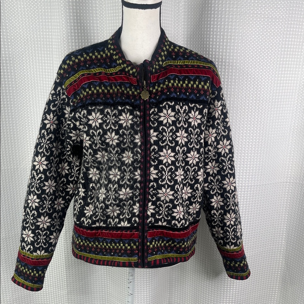Icelandic Design Wool Cardigan Sweater Jacket Fair Isle Zip Front Snowflakes PM